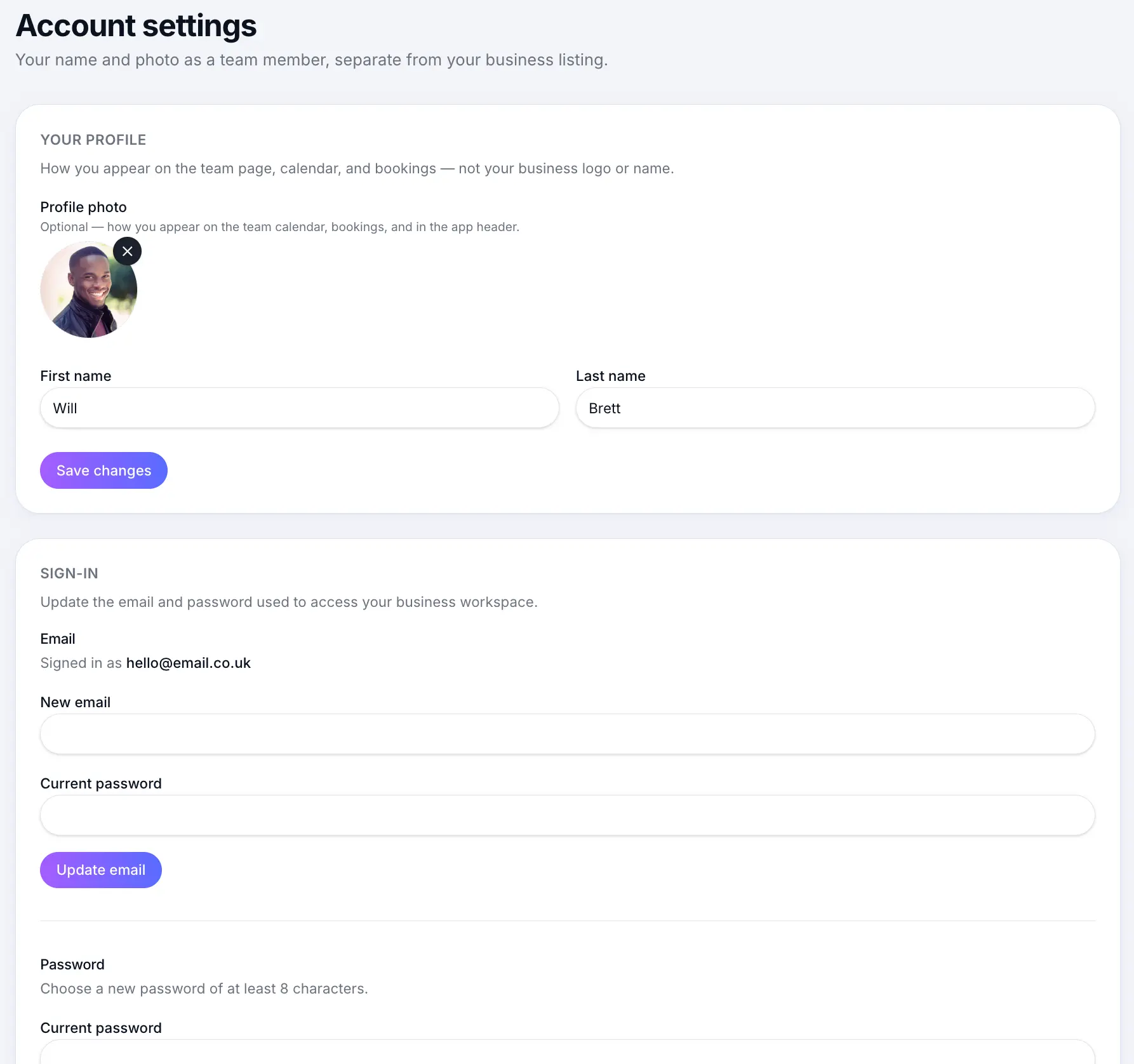 Account settings page