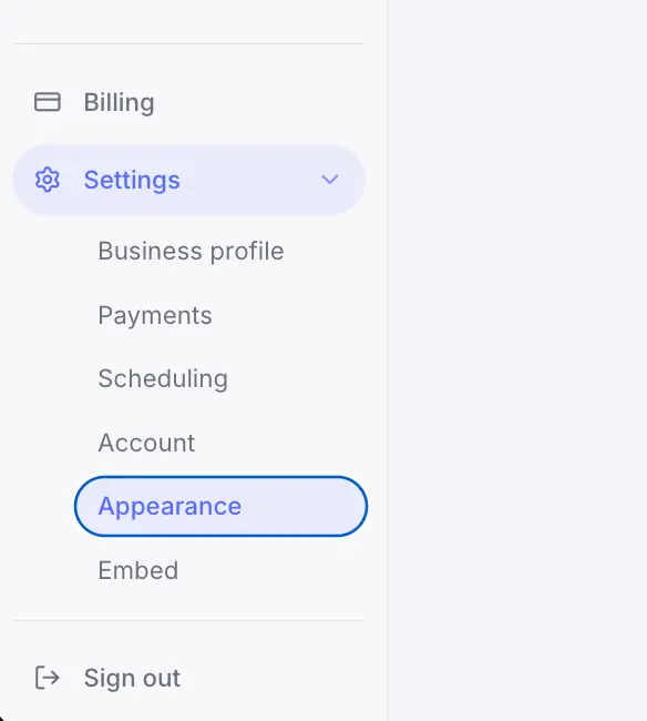 Settings navigation showing Appearance link