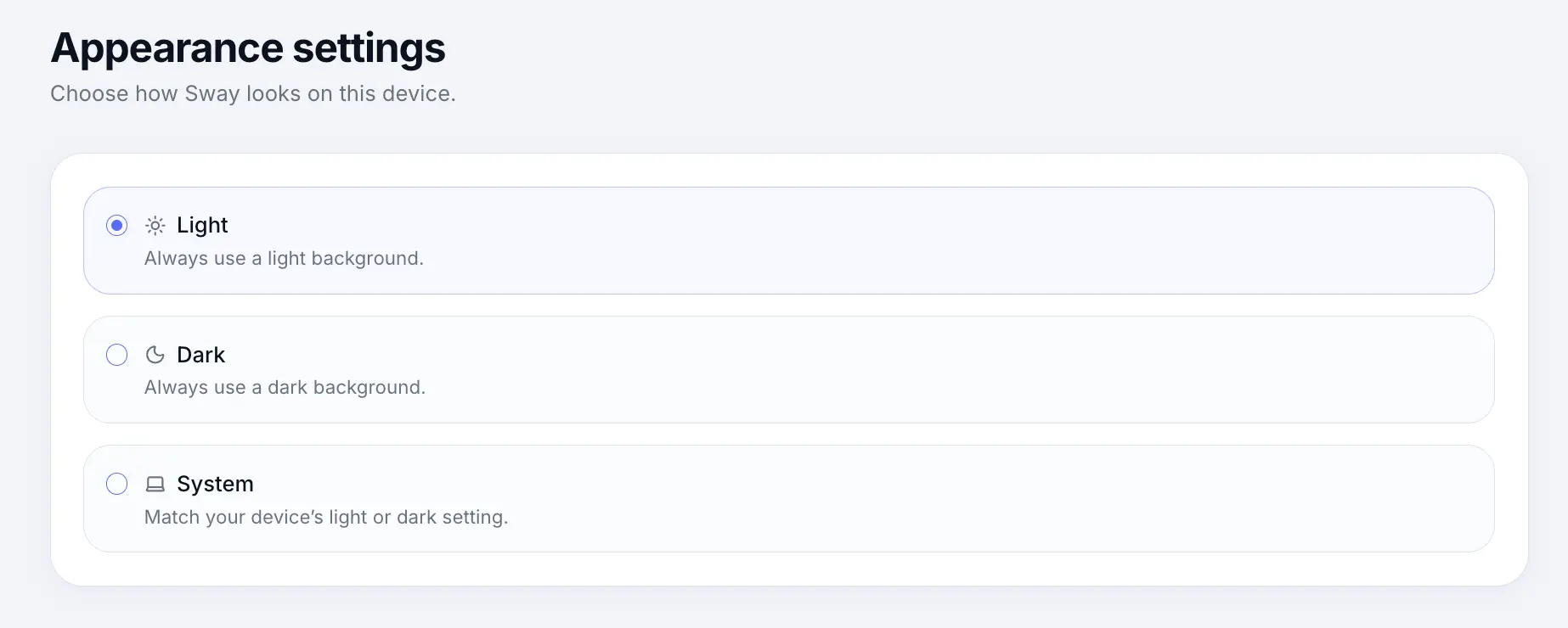 Appearance settings with light dark and system theme options