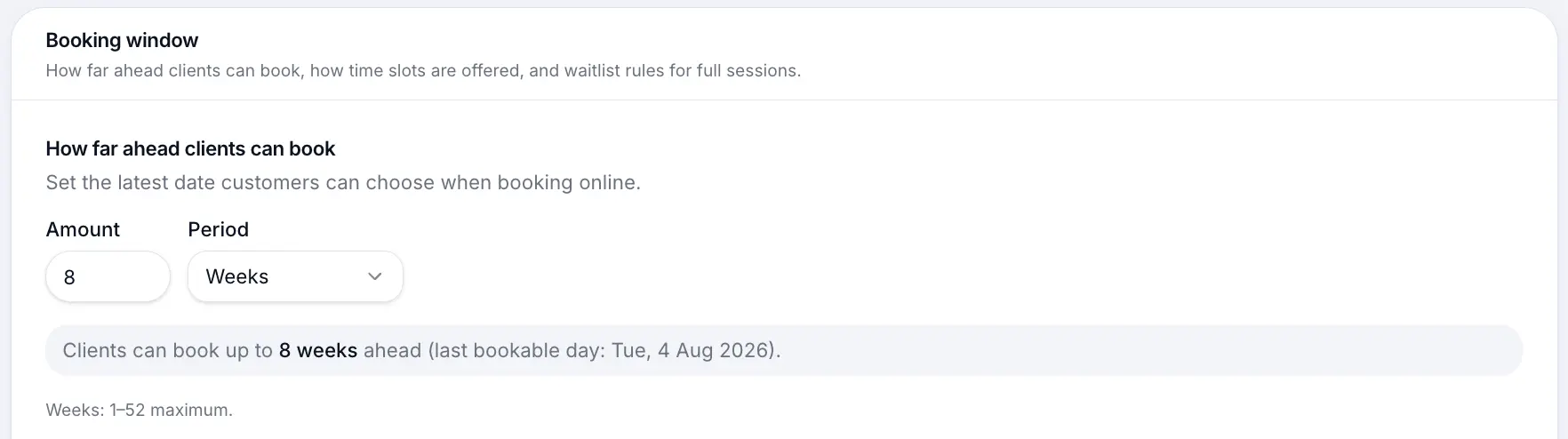 Booking horizon settings section