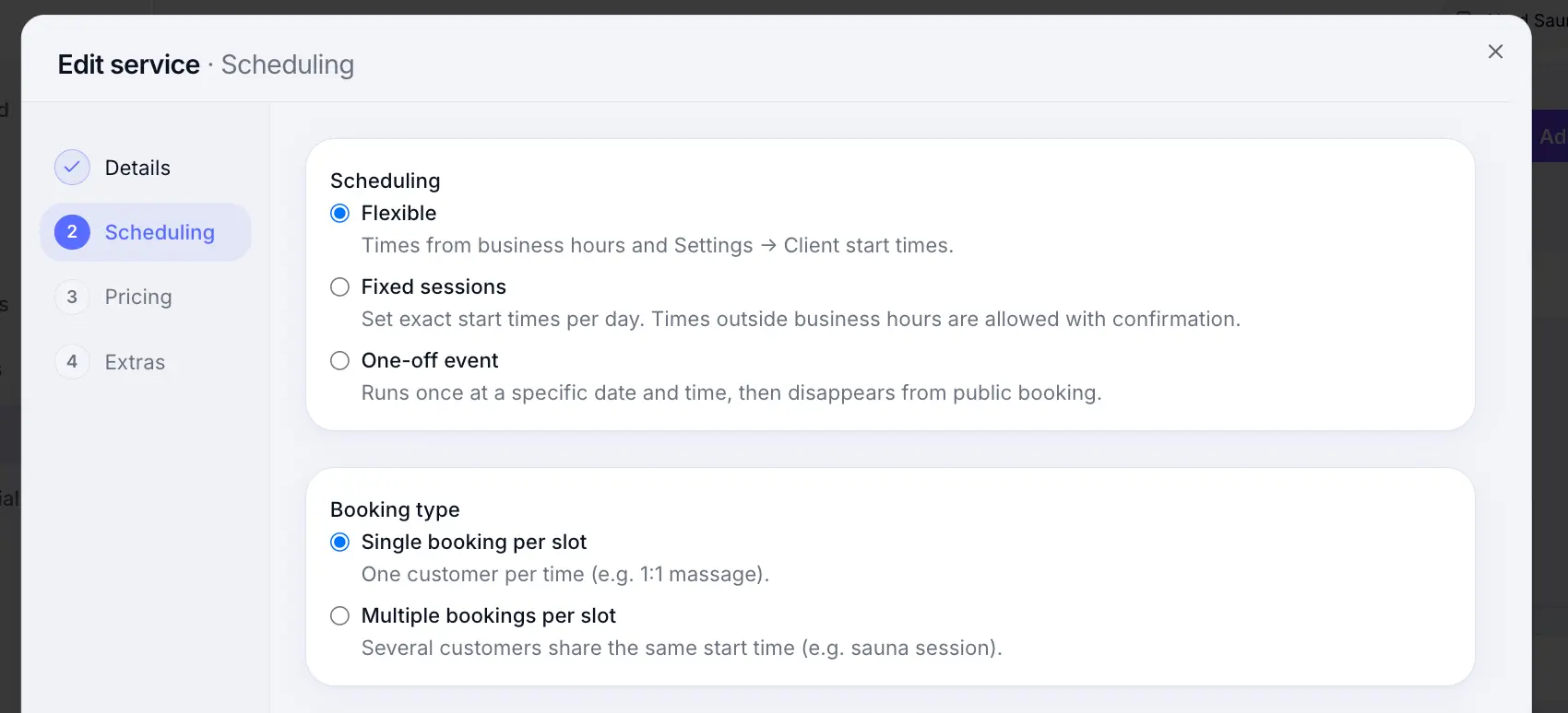 Booking type options on service scheduling step