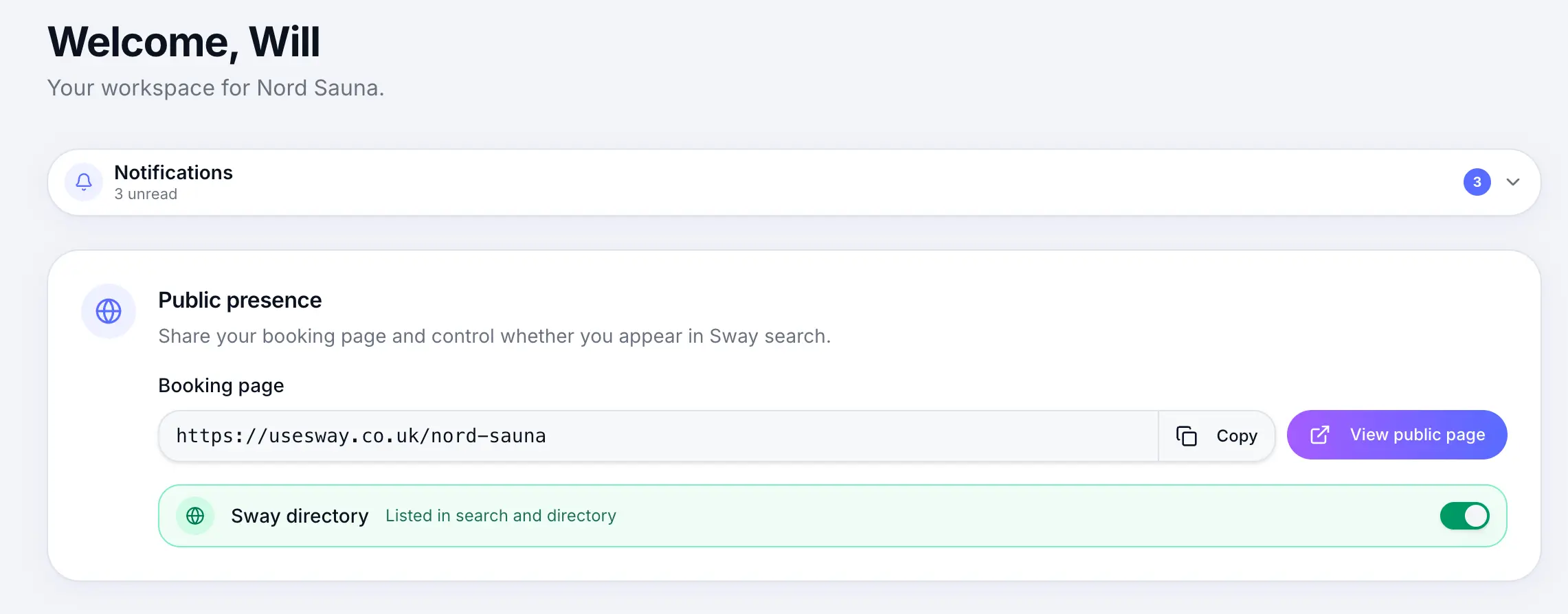 Public booking page URL in business profile