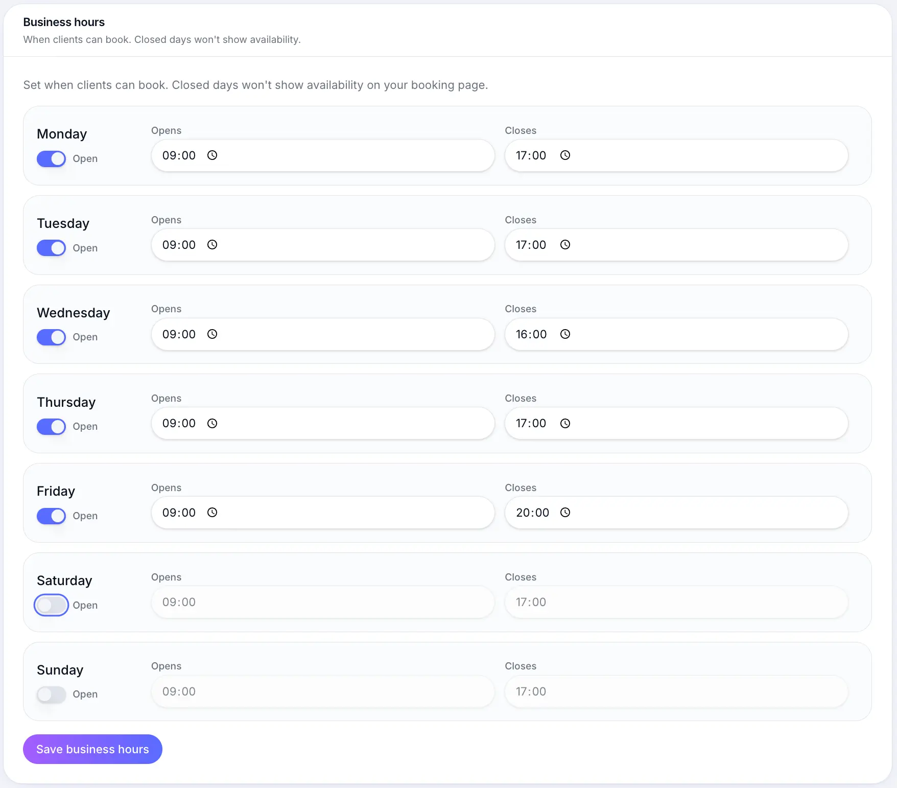 Business hours section in Scheduling settings