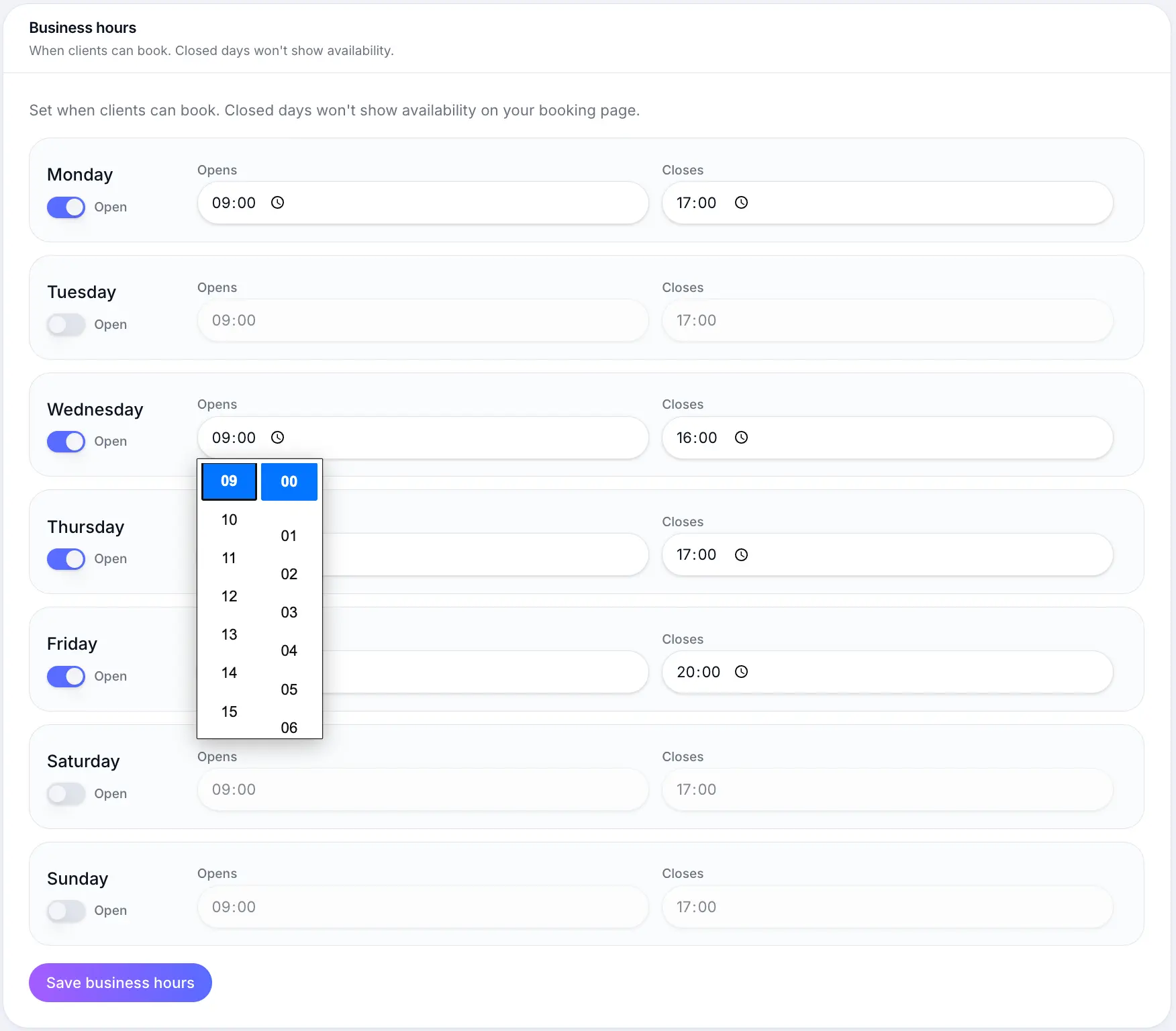Daily opens and closes time fields