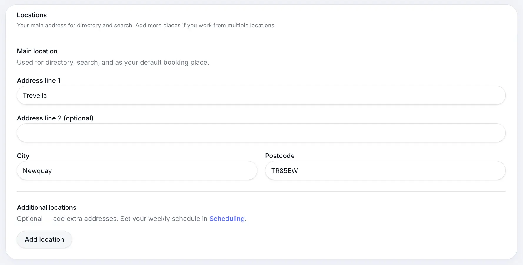 Locations section in Business profile settings