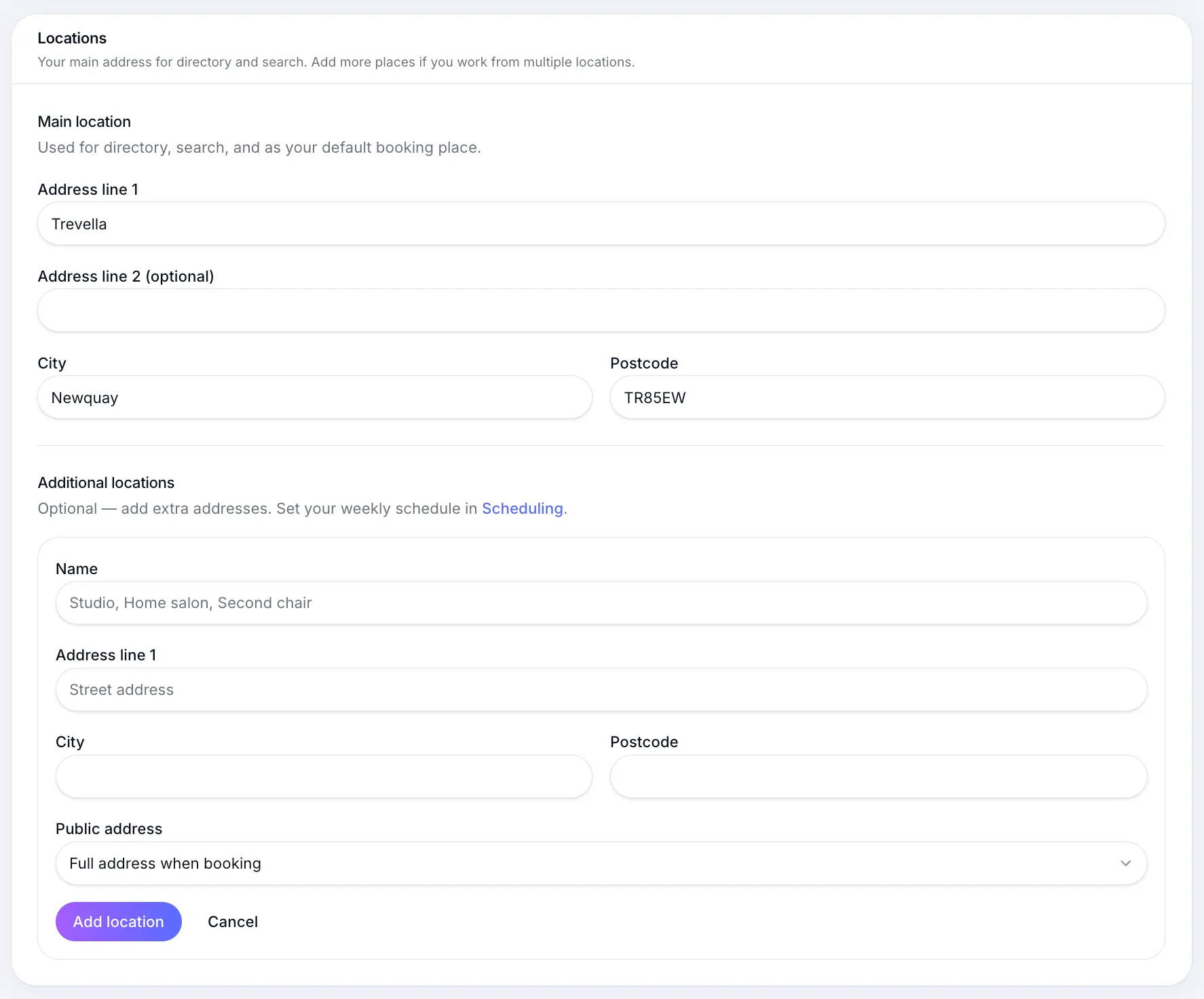 Add location form in Business profile