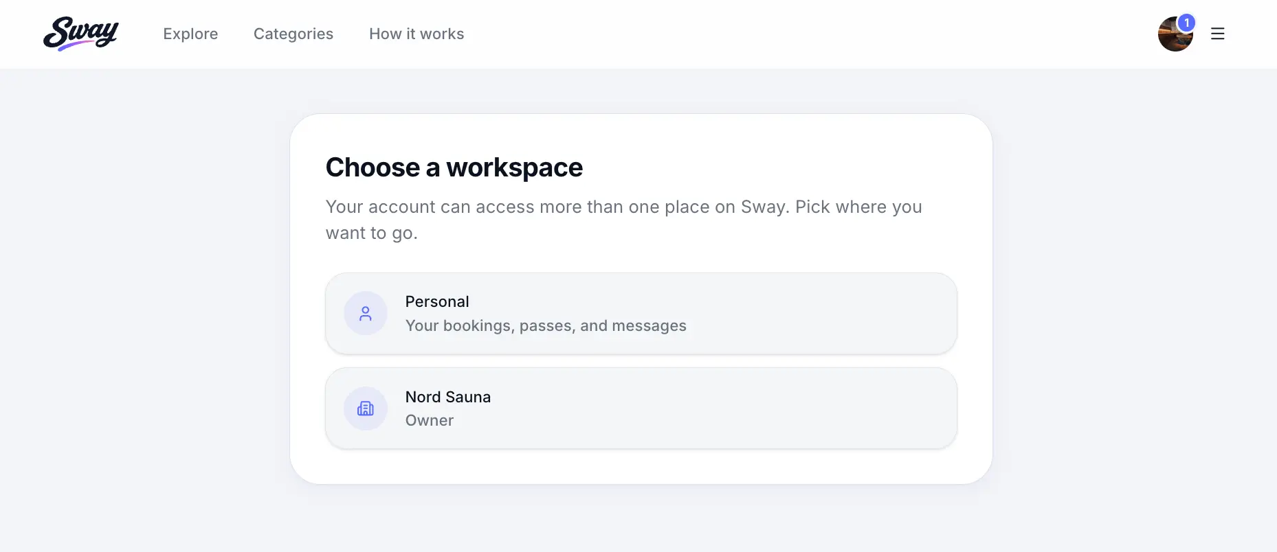 Choose workspace page with multiple workspace cards