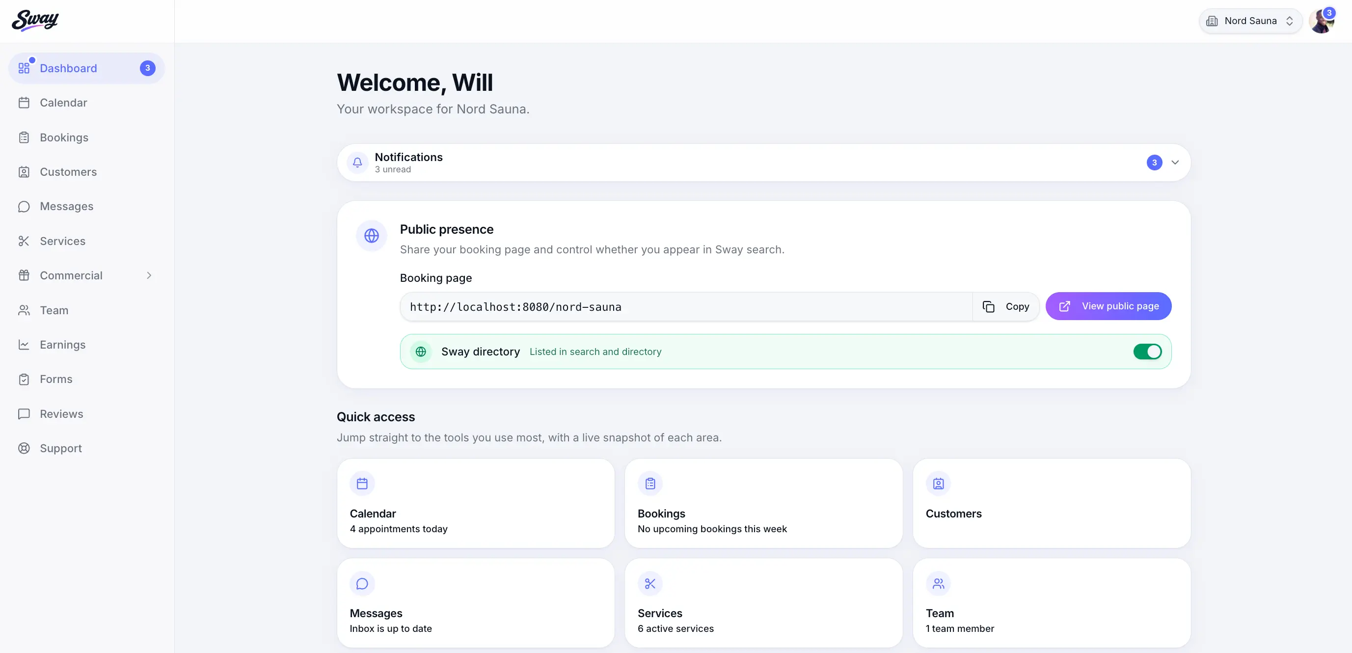 Business dashboard after workspace selection