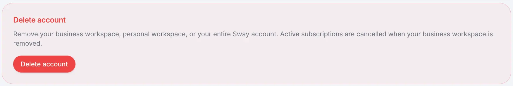 Delete account section in business account settings