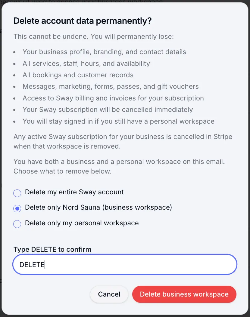 Confirm account deletion by typing DELETE