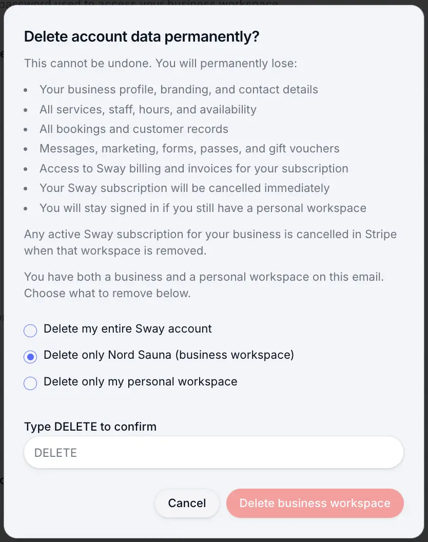 Choose deletion scope in delete account dialog