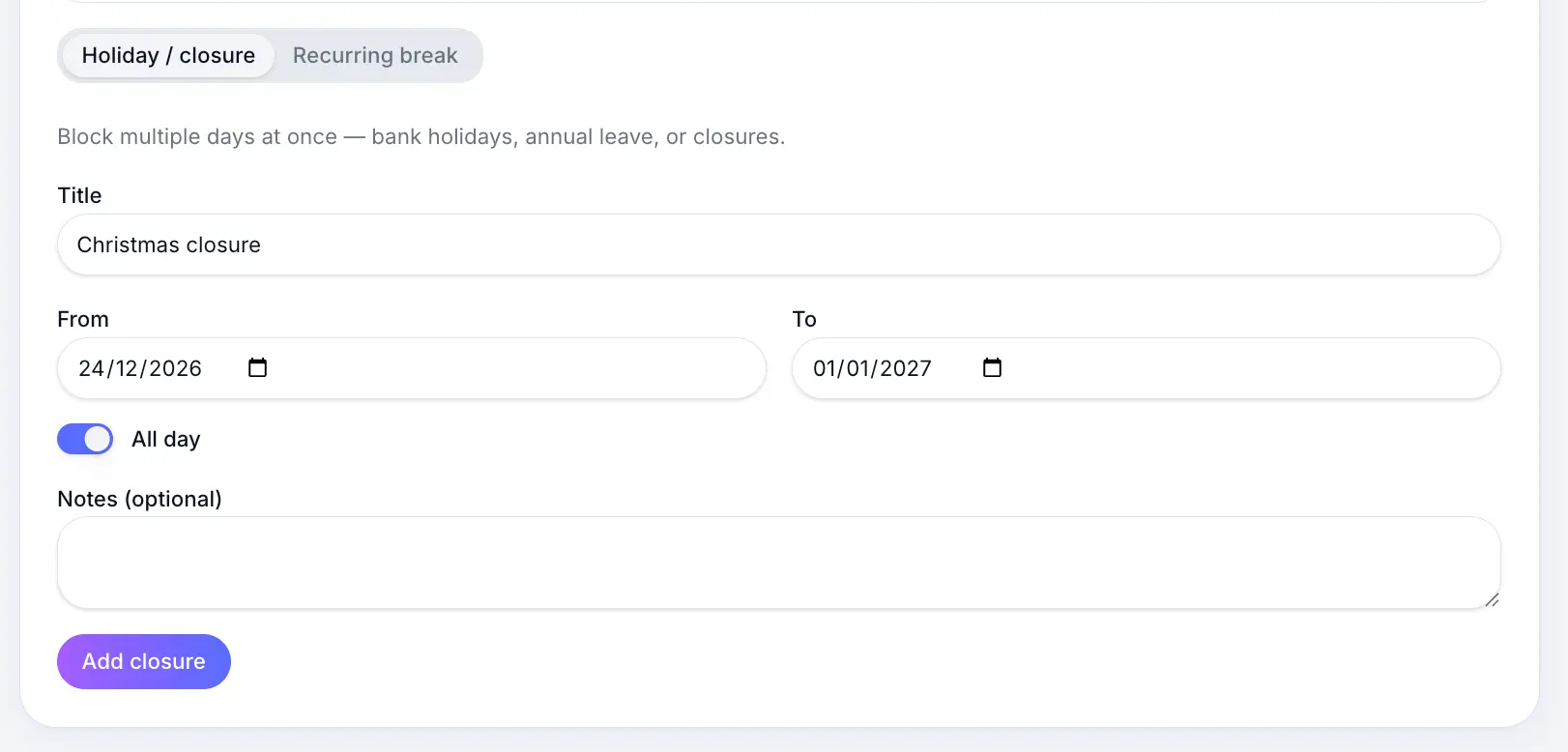 Add holiday closure form