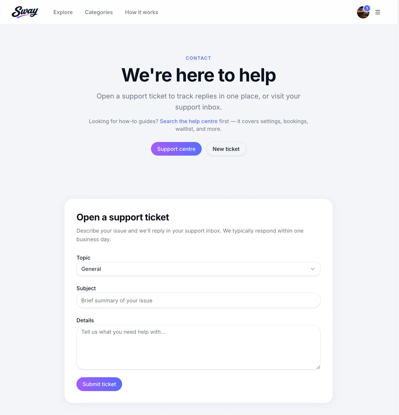 Sway contact page with support options