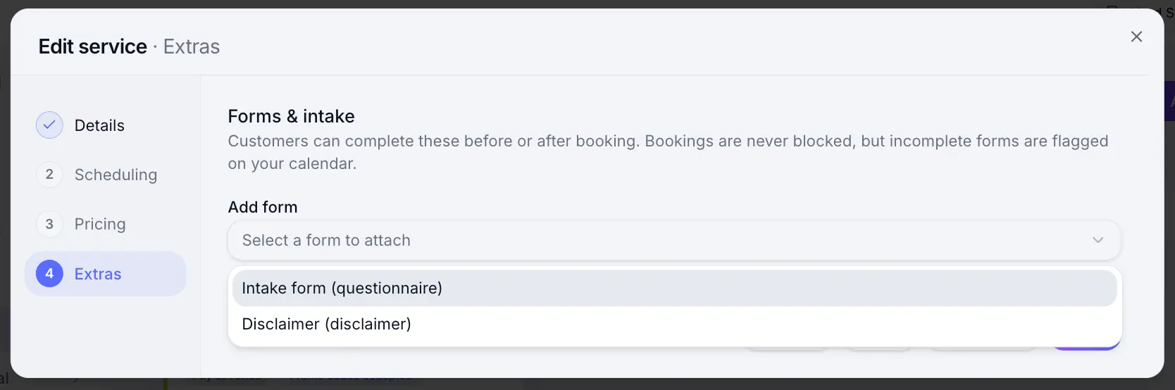 Customer form attached to a service