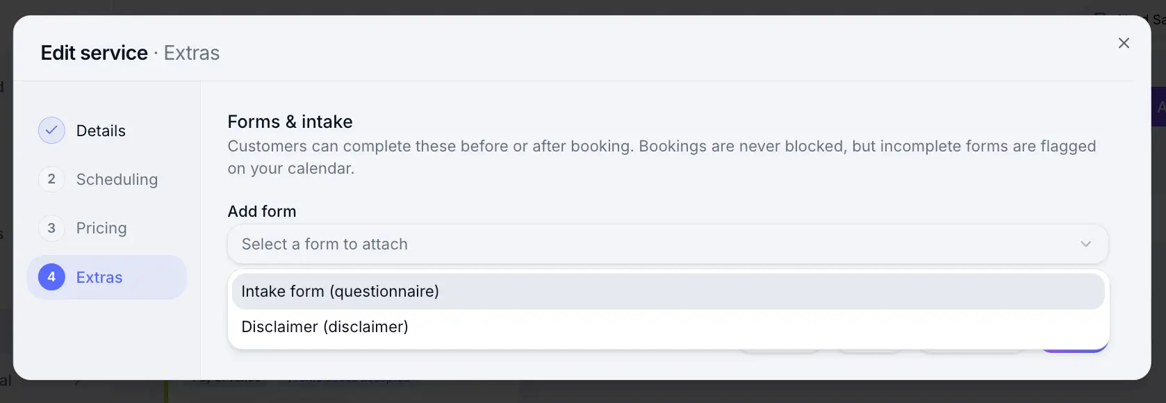 Select a customer form for a service
