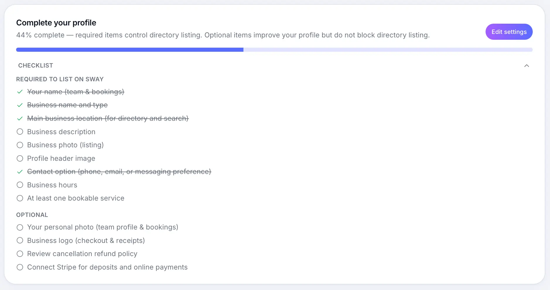 Setup checklist on dashboard