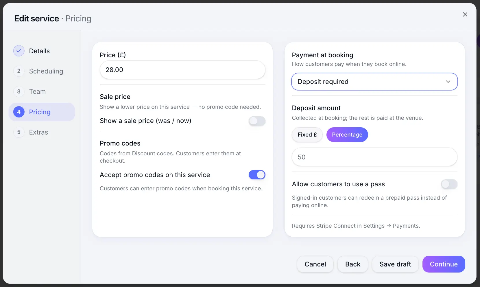 Service pricing step with deposit payment option