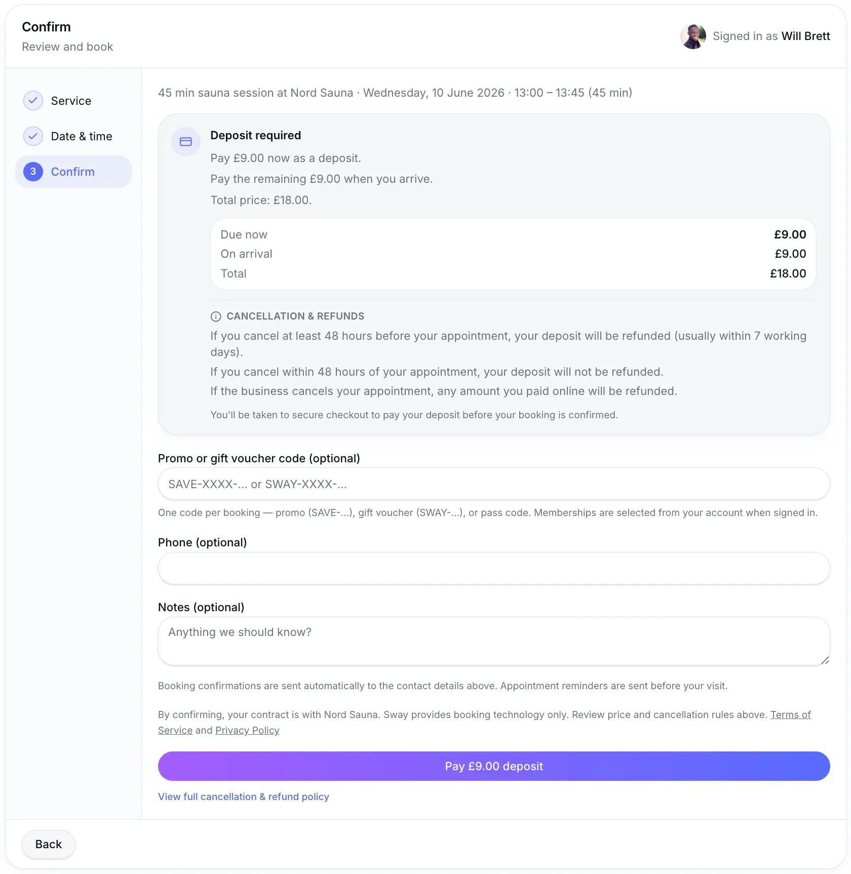 Customer checkout showing deposit payment amount
