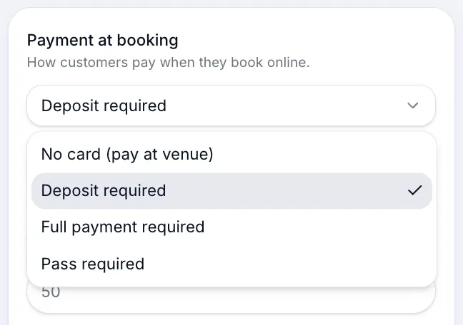 Deposit selected as payment at booking option