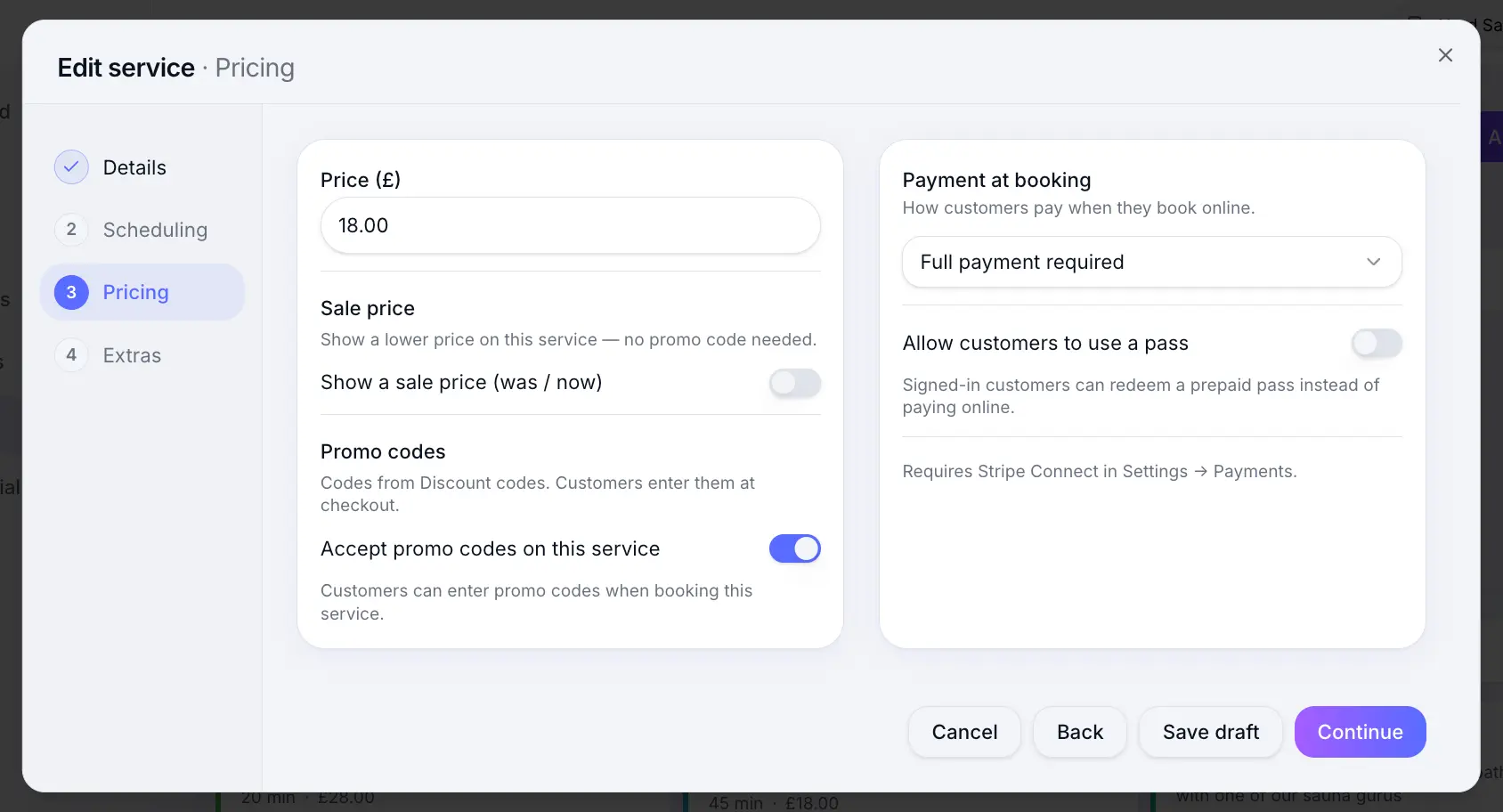 Accept discount codes toggle on service pricing step