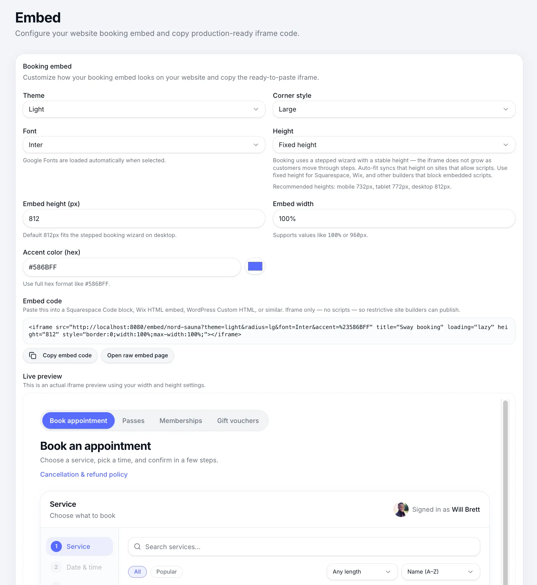 Embed booking widget page