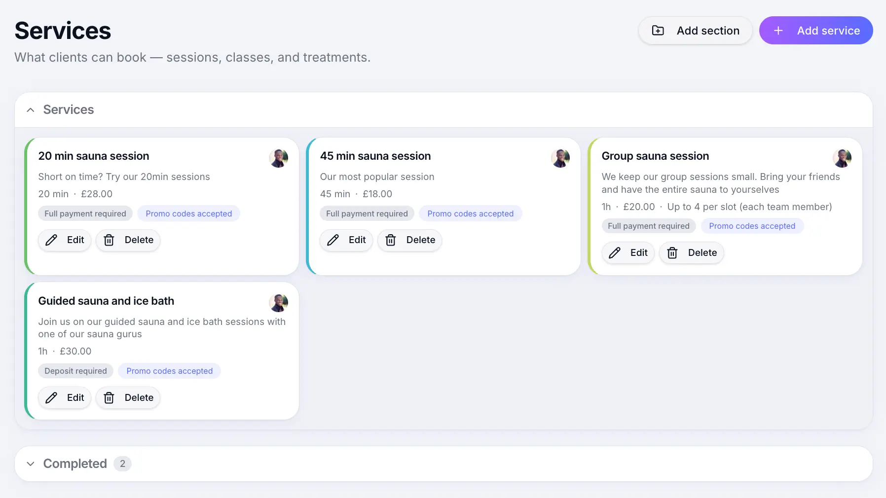 Services list with published services