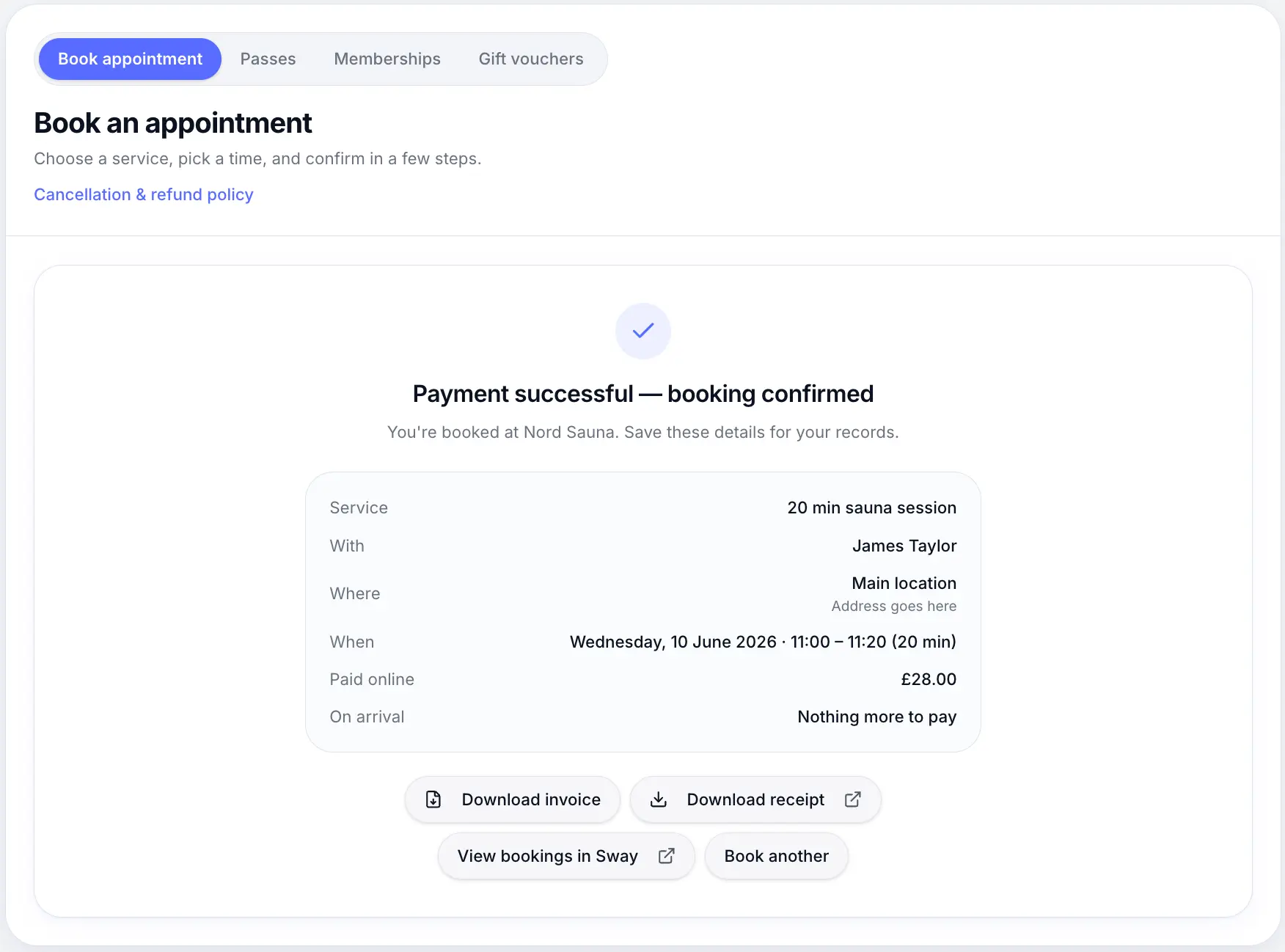 Successful test booking confirmation on public page