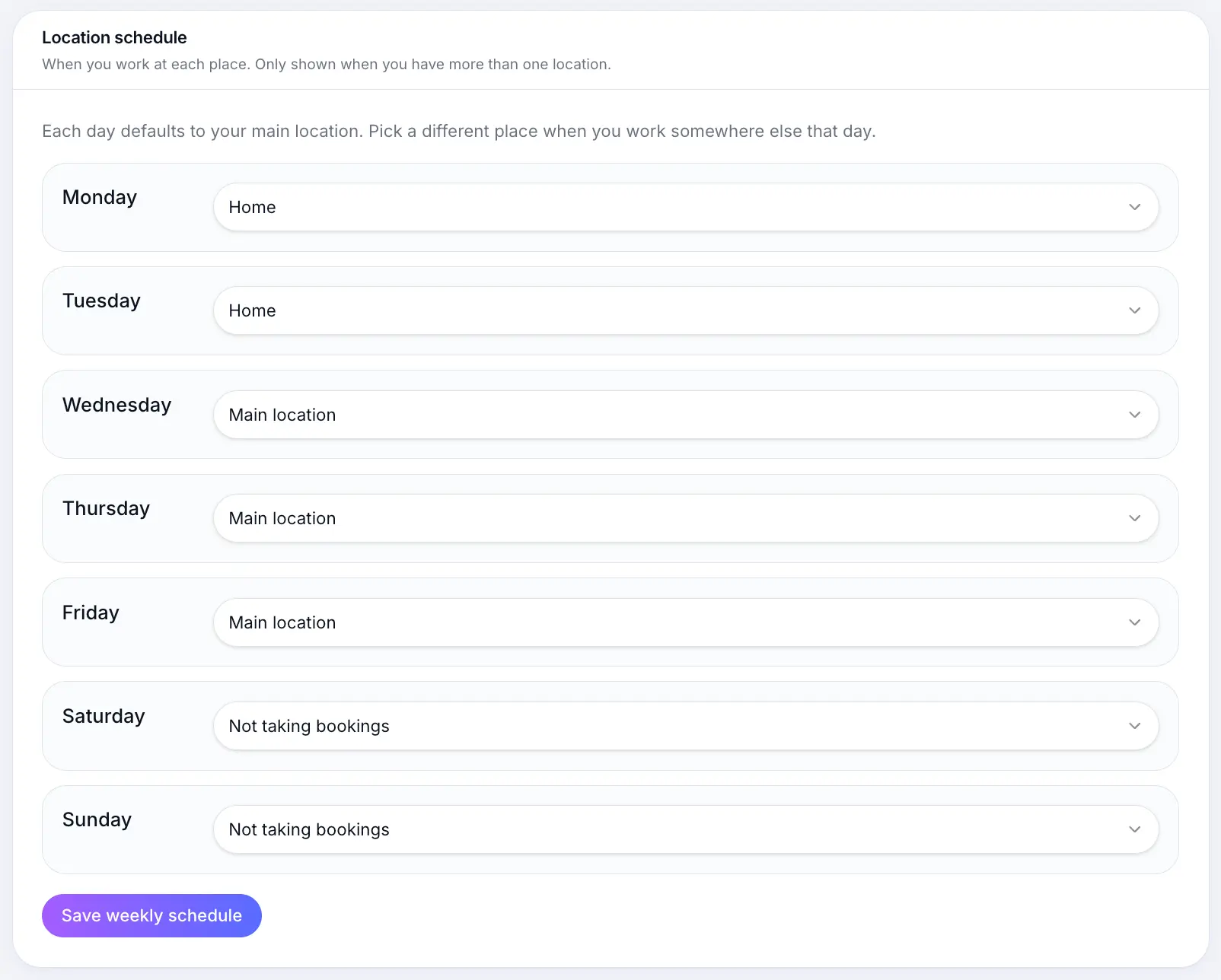 Weekly location schedule in Scheduling settings