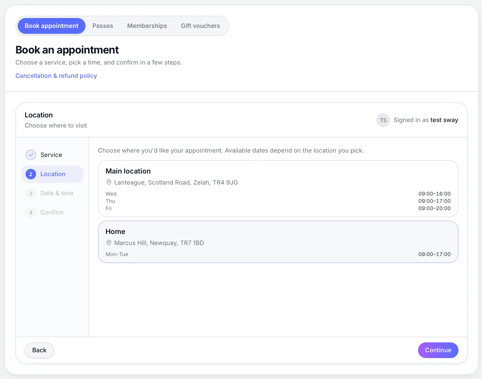 Customer location picker on booking page