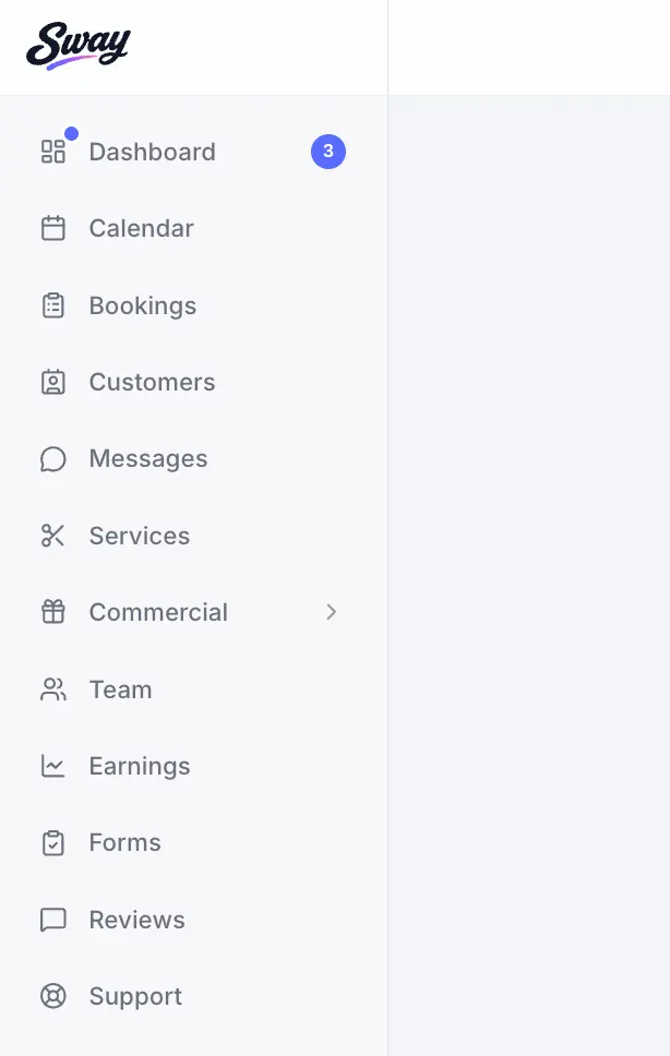 Business app sidebar showing main navigation sections