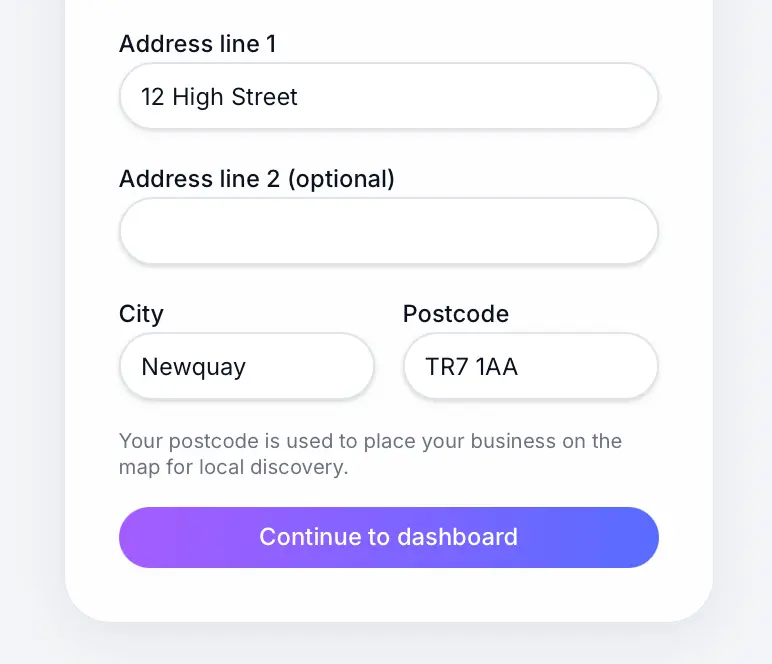 UK address fields on onboarding form