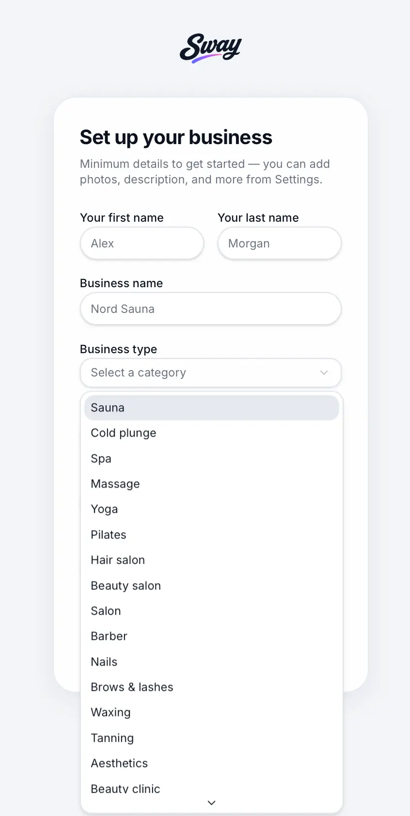 Business name and type fields on onboarding