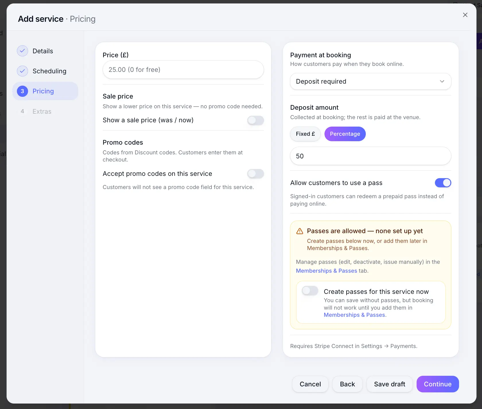 Pass payment options on service pricing step