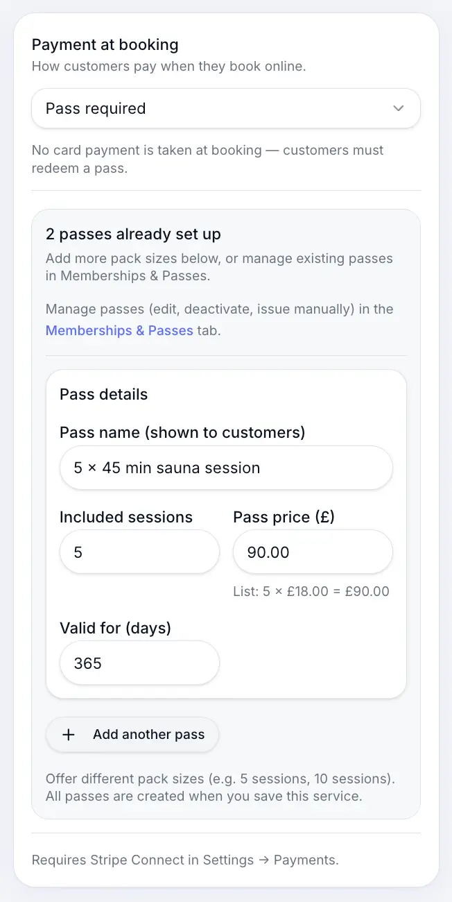 Eligible passes for a service