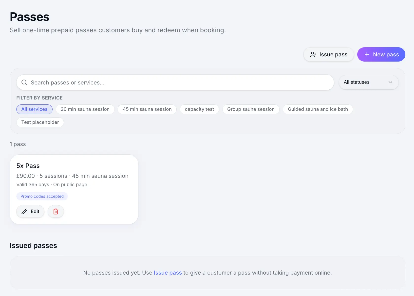 Passes management page in Sway
