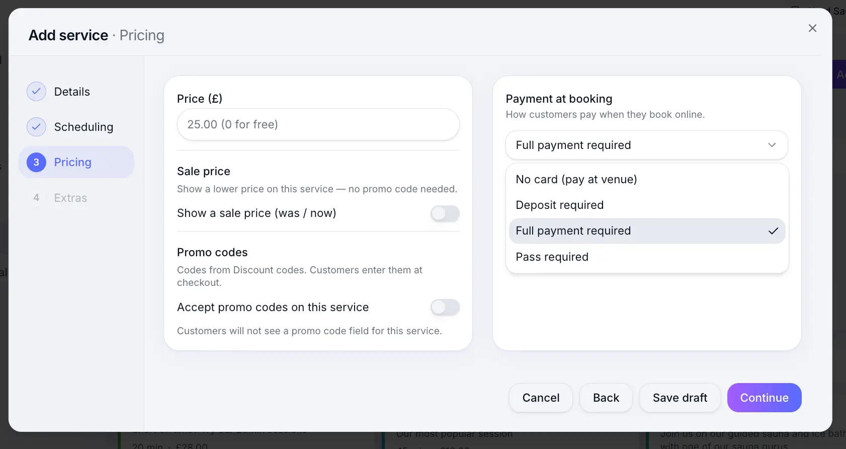 Payment at booking options on service pricing step
