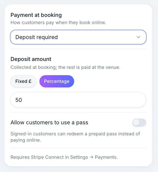 Deposit or full payment configuration