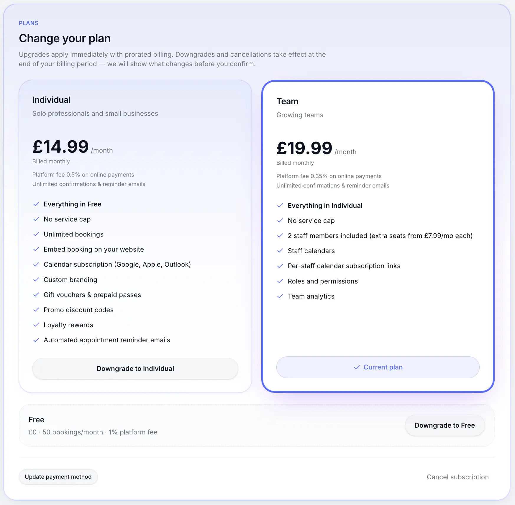 Billing page showing Sway plan comparison