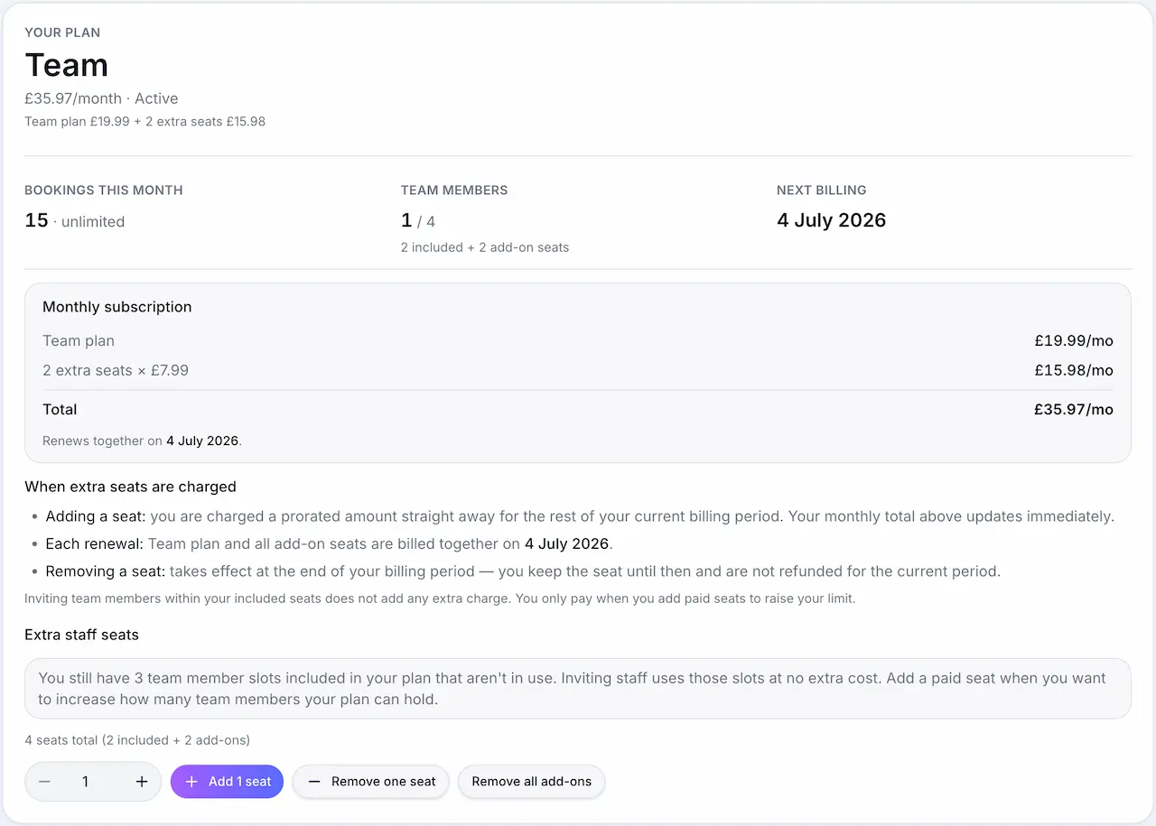 Billing page showing plan usage and limits