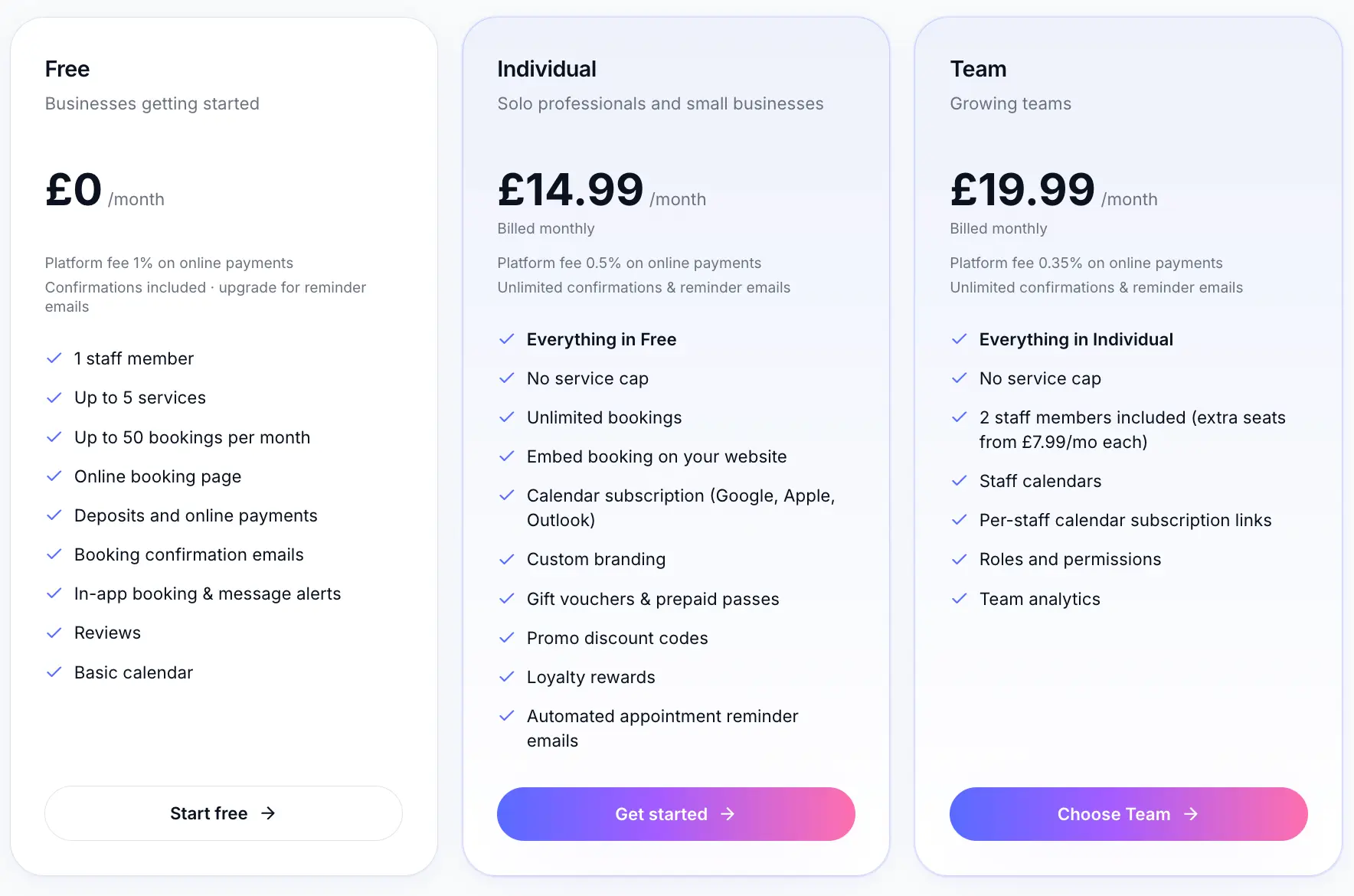 Sway billing page with plan comparison