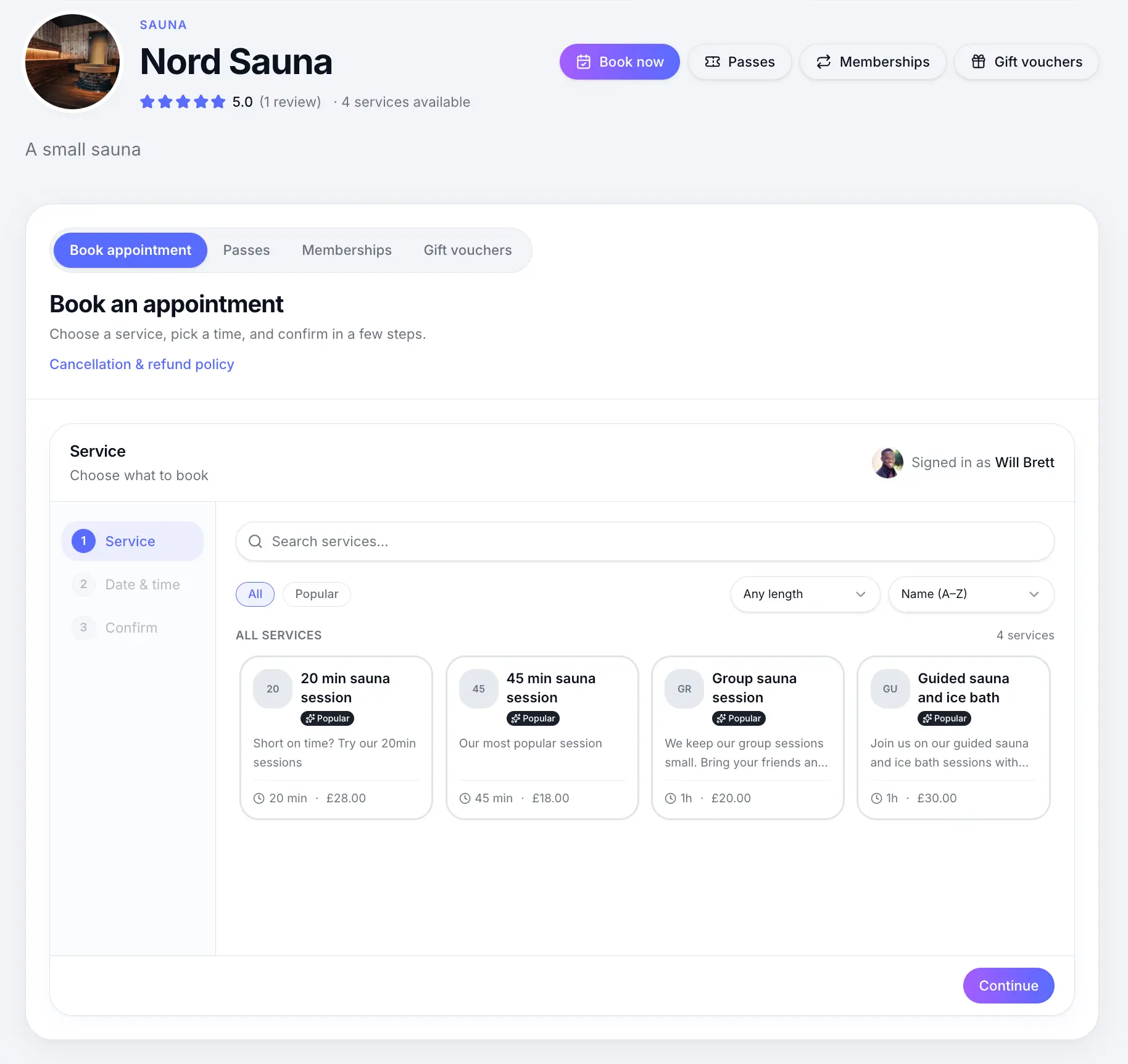 Customer-facing public booking page