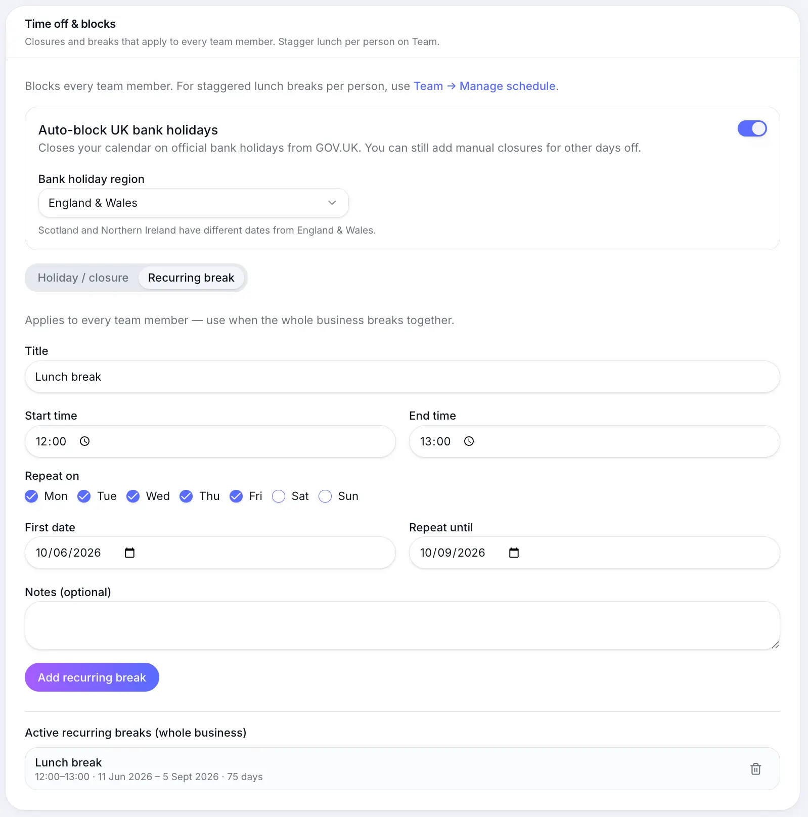 Time off and blocks section in Scheduling settings