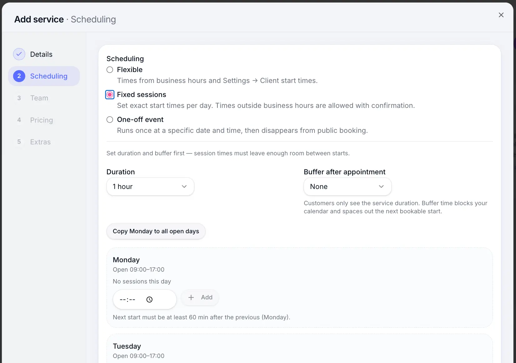 Fixed session scheduling with weekly session times