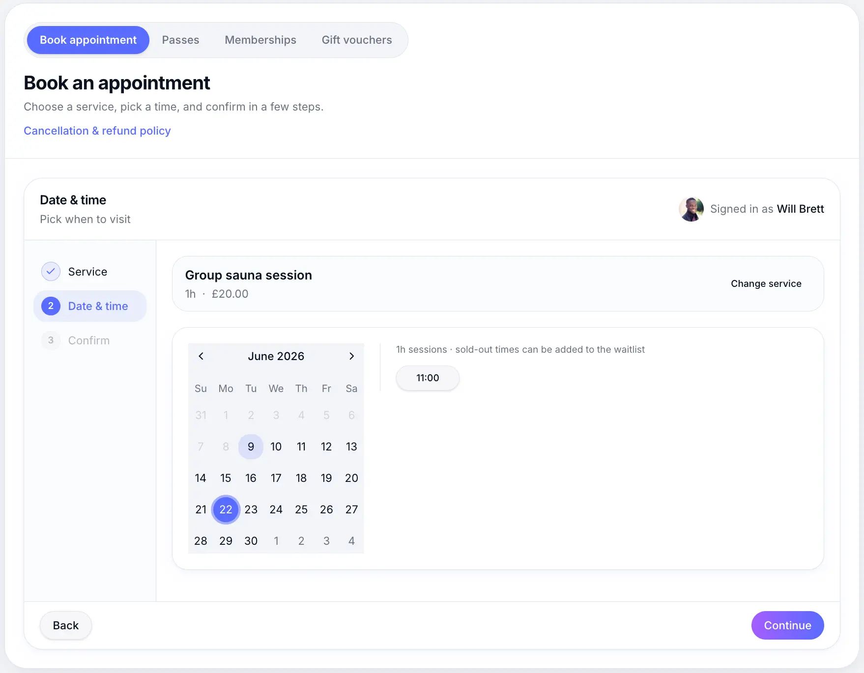 Customer selecting a fixed session time on the booking page