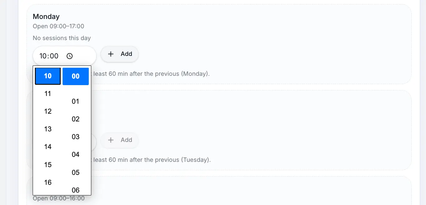 Adding a session start time for a weekday