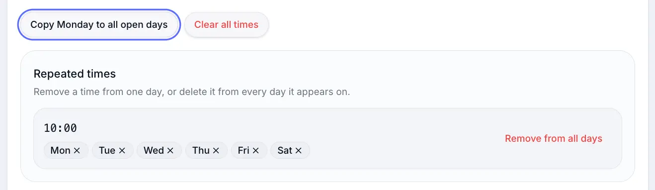 Copy to all open days button in the session times editor