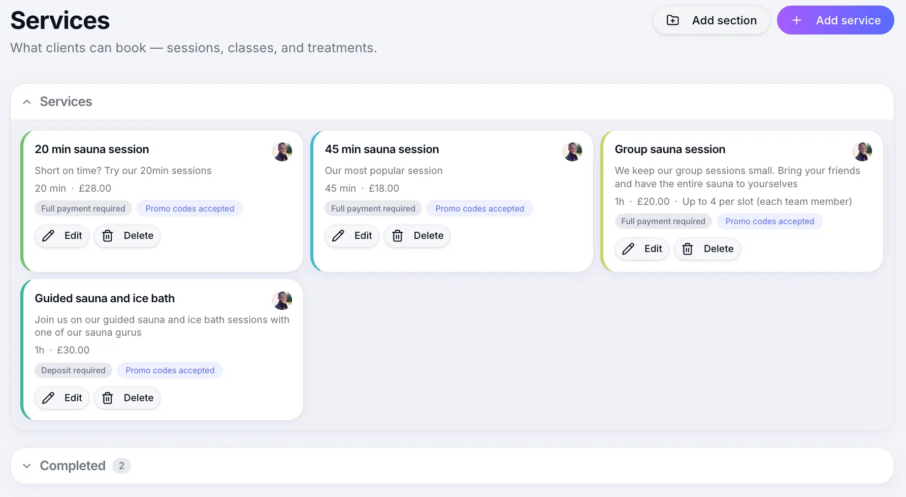 Services list in the Sway business app