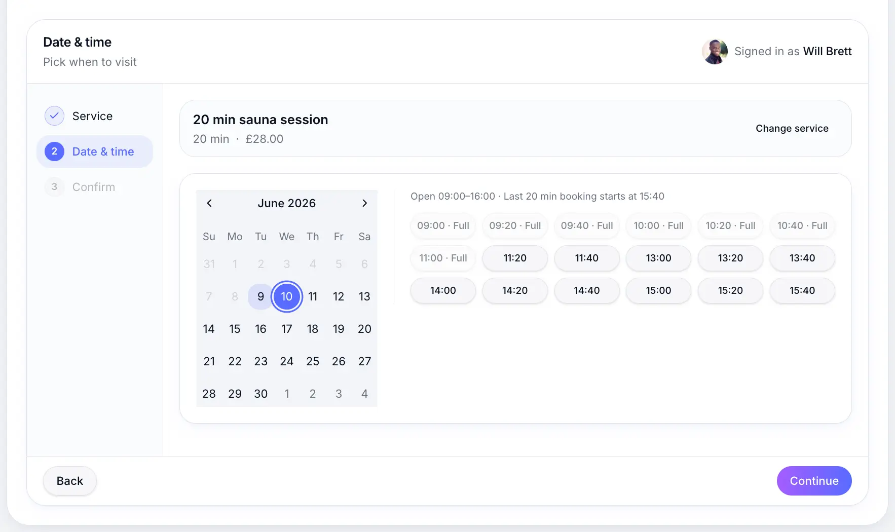 Public booking page showing flexible time slot options