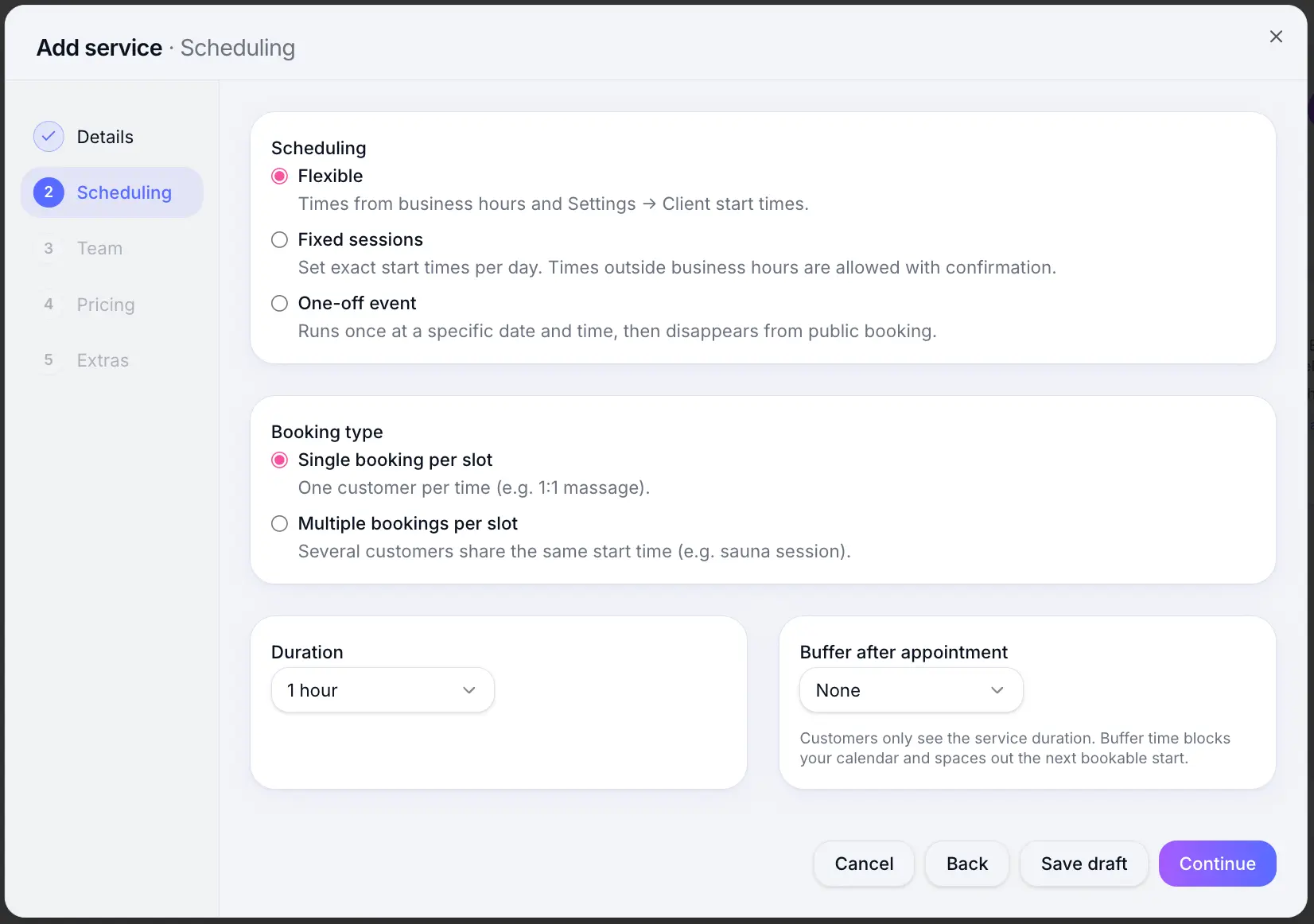 Flexible scheduling type selected in service form