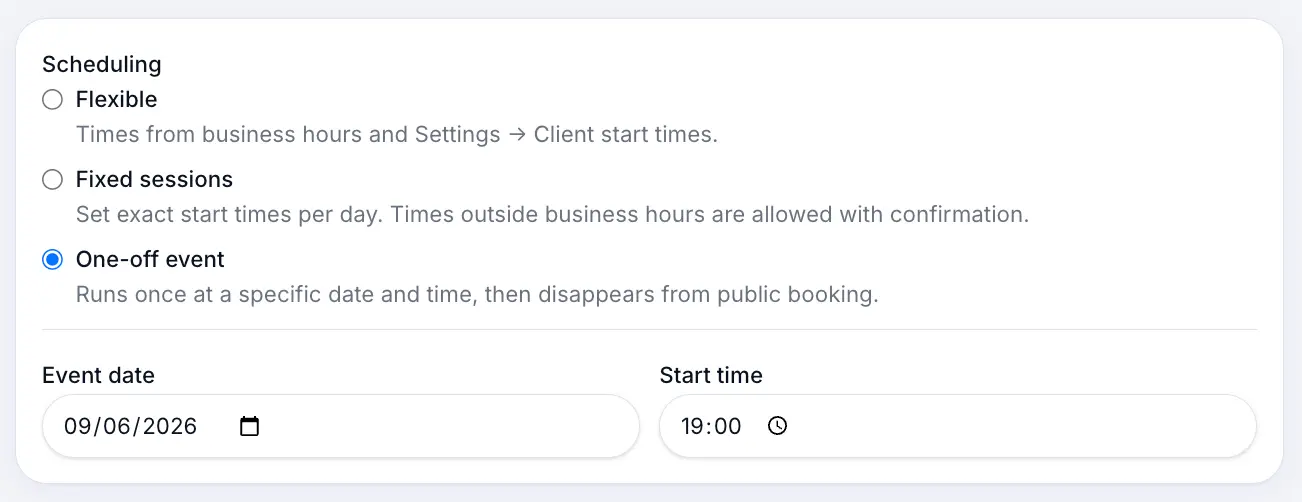 One-off event scheduling type on service form